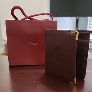 Cartier Dark Brown Leather Wallet with Gold Corners